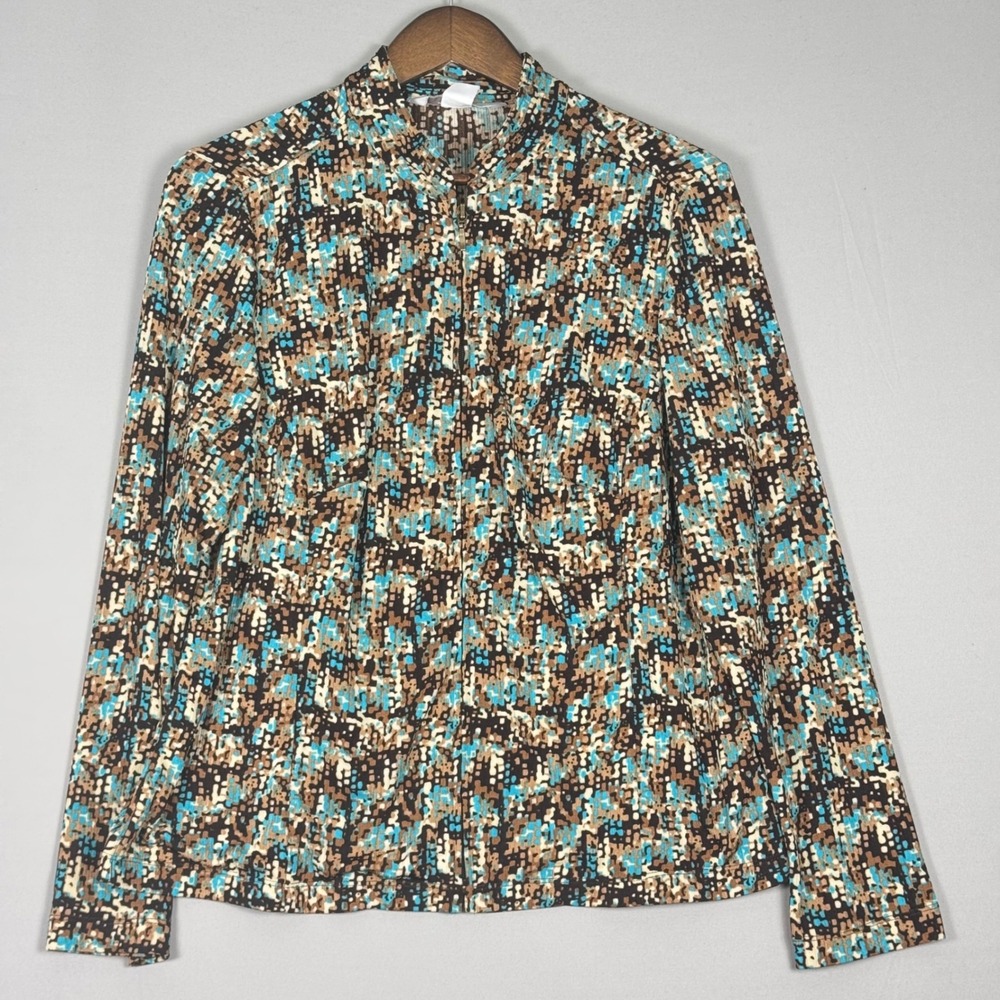 TanJay Zip Front Jacket Women PS Blue Brown Excellent Mosaic Print Stretch